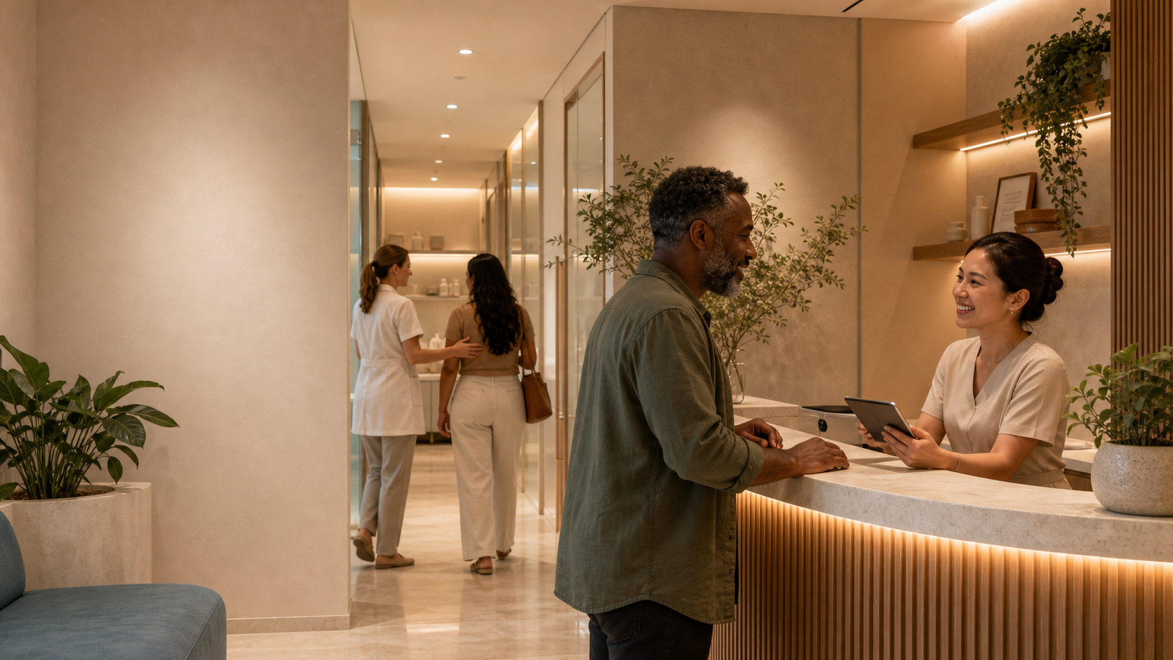 Recepção e corredor premium com clientes diversos sendo acolhidos pela equipe