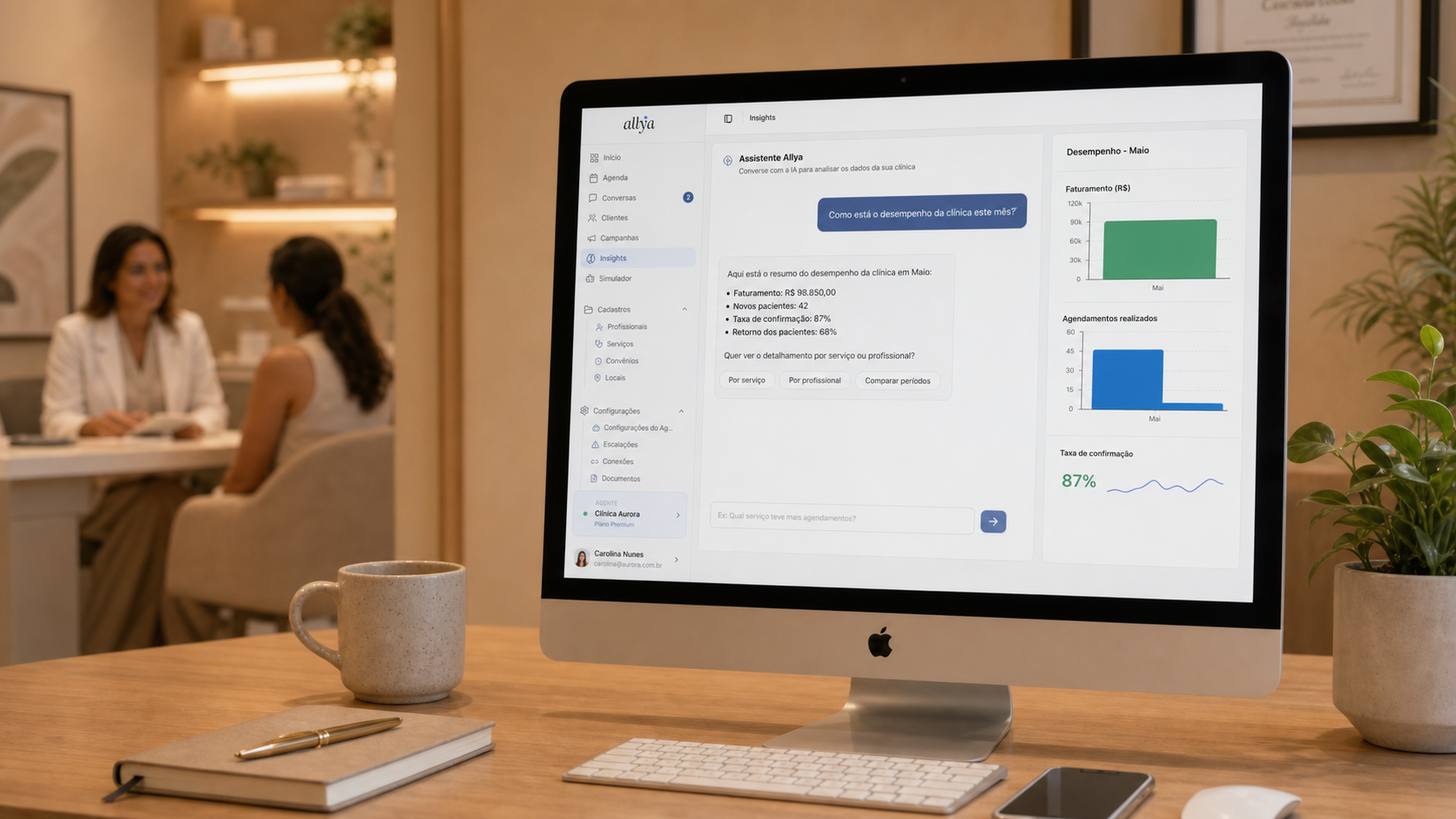 Mesa de consultório premium com iMac mostrando a tela de Insights e assistente consultor da Allya